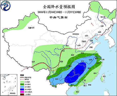 2008年11月6日8时—11月7日8时全国降水量预报图